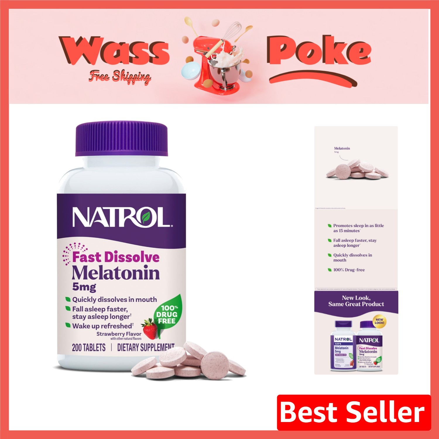 Fast Dissolve Melatonin 5mg Tablets – Delicious Strawberry Sleep Support, 200…