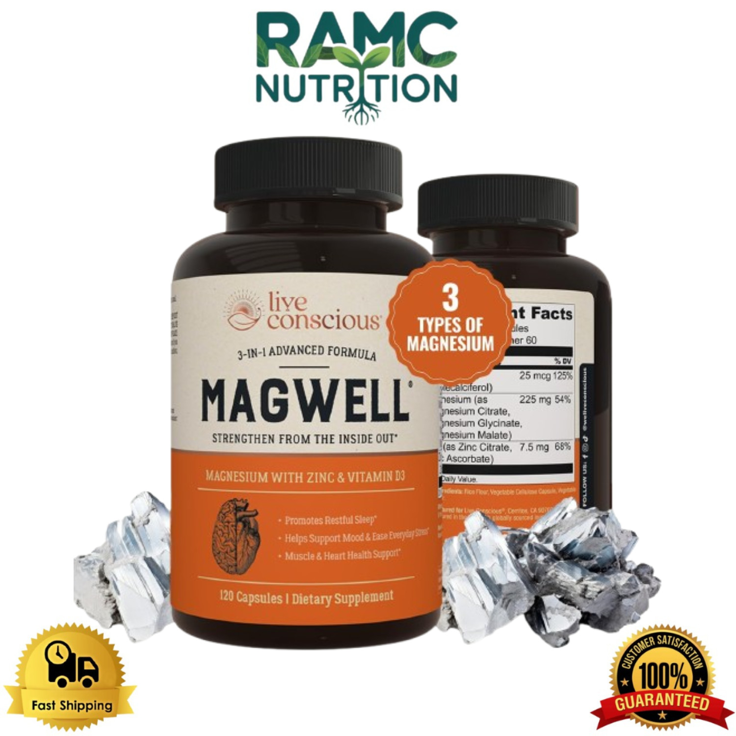 Live Conscious Magwell Magnesium Zinc & Vitamin D3 for Women & Men – 120 Caps