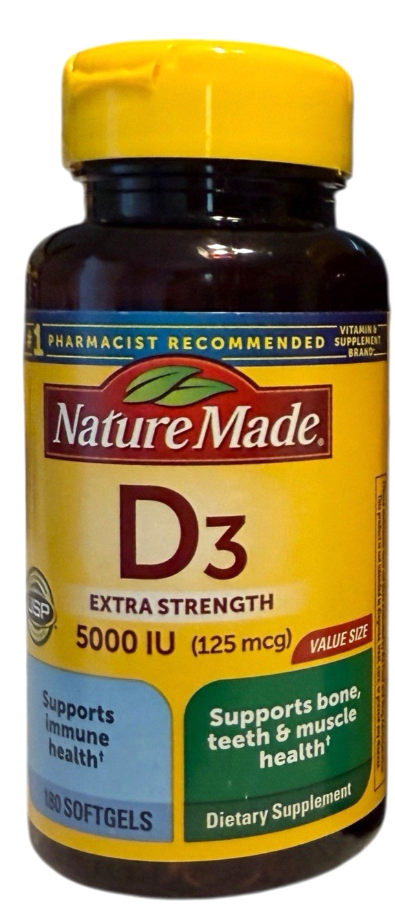 Nature Made Vitamin D3 Extra Strength 5000 IU (125 mcg) 180 Softgels – Ex: 11/26