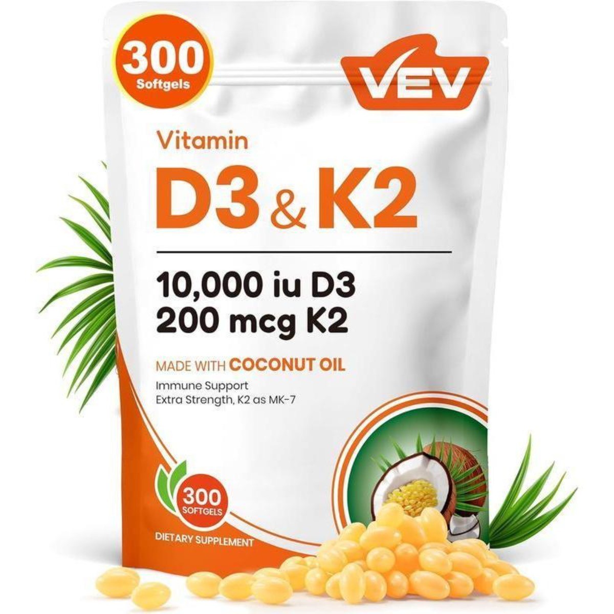 VEV 2-in-1 D3 K2 10000 IU Softgels, 300ct Virgin Coconut Oil Supplement
