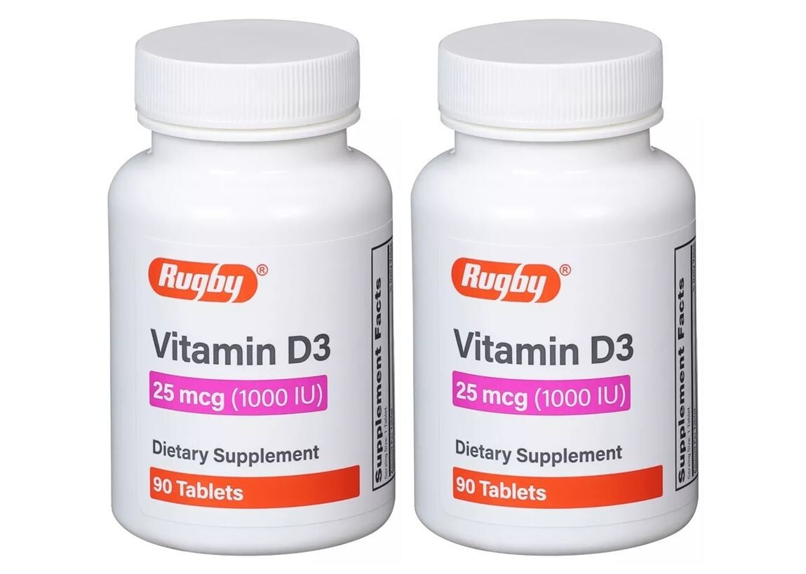 Rugby Vitamin D3 25 mcg (1000 IU), Tablet Dietary Supplement Gluten Free, 2 Pack
