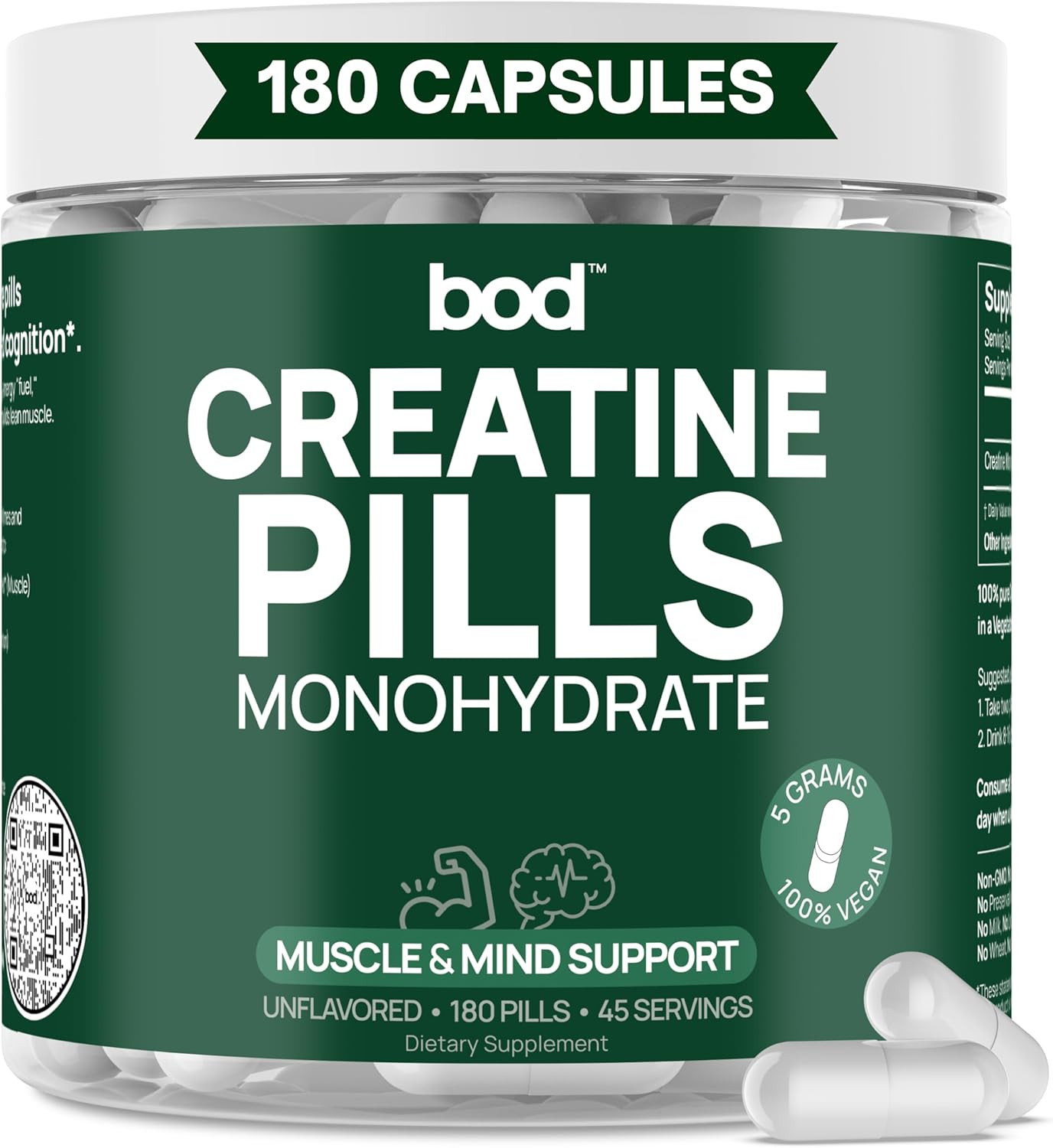 BOD Creatine Monohydrate Capsules – 45 Servings (4 Capsules = 5 G) – Ultra-Pure
