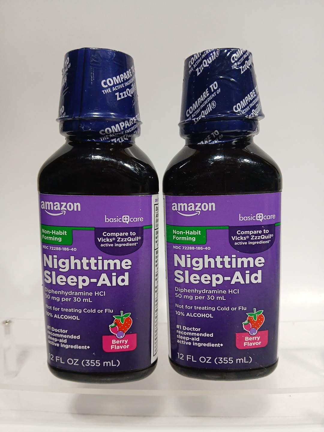 Amazon Basic Care Nighttime Sleep-Aid  Berry Flavor  12 fl oz  Exp 11/26 2 Pack