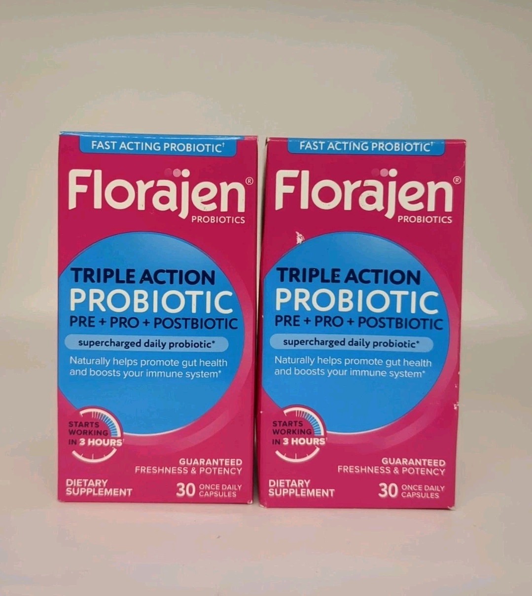 (2) Florajen Triple Action Probiotic Pre+Pro+Postbiotic 30ct Exp: 05/2026