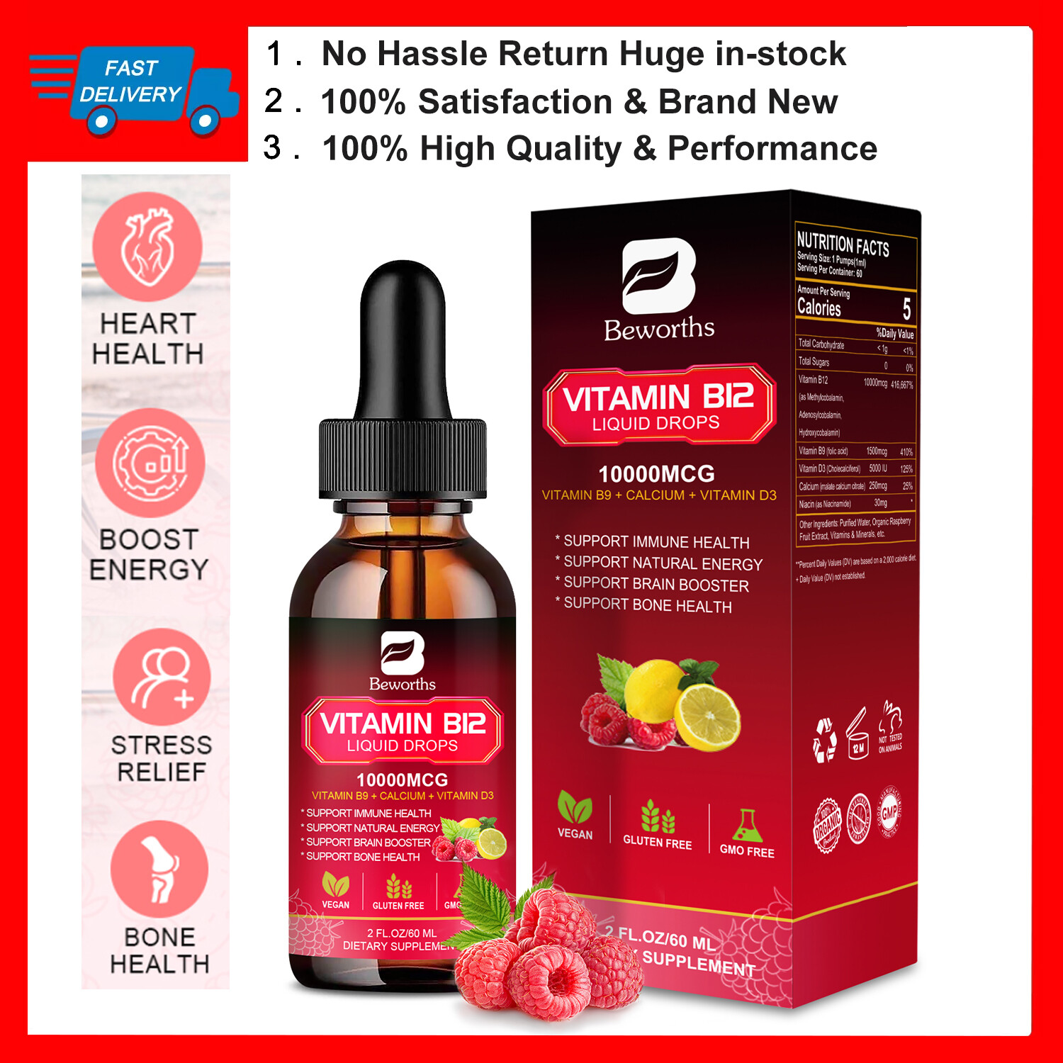 Natural Vitamin B12 Liquid Sublingual Extra Strength Energy & Immune Support