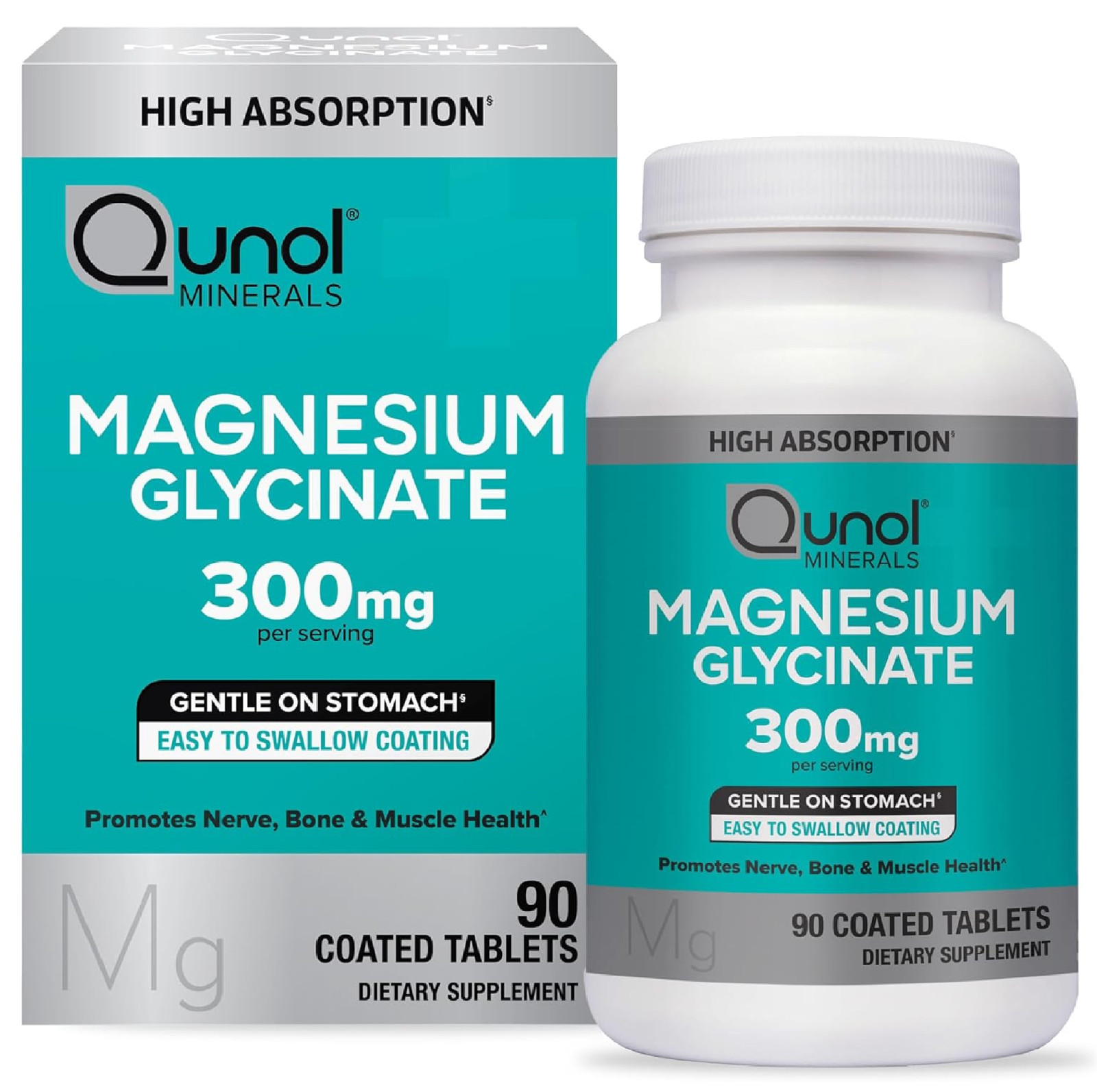 Qunol Magnesium Glycinate 300mg, 100% Glycinate Chelated Magnesium Supplement, 9