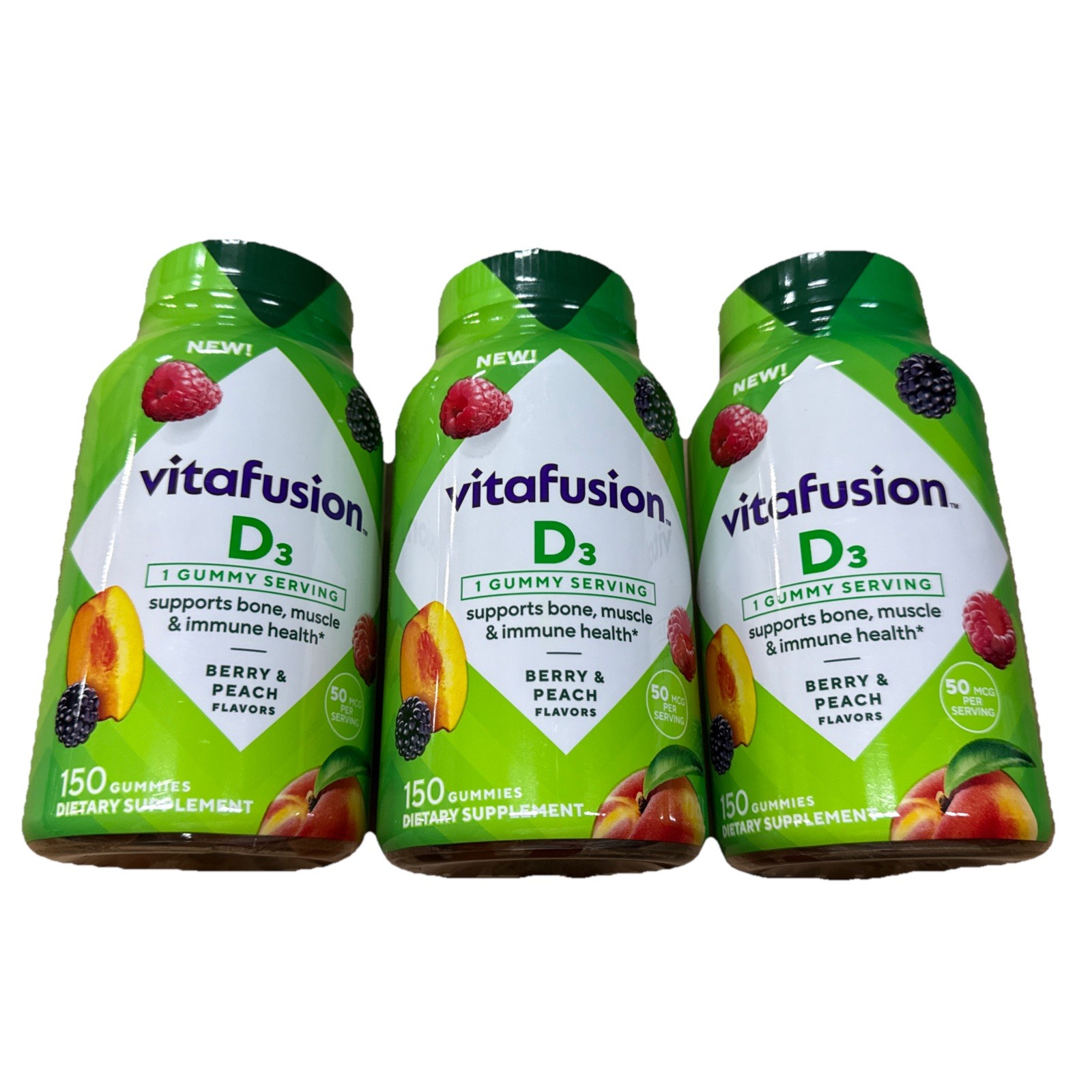 Vitafusion D3  Gummies 50 MCG Berry Peach Flavor 150 Count, March 2027,  3 Pack