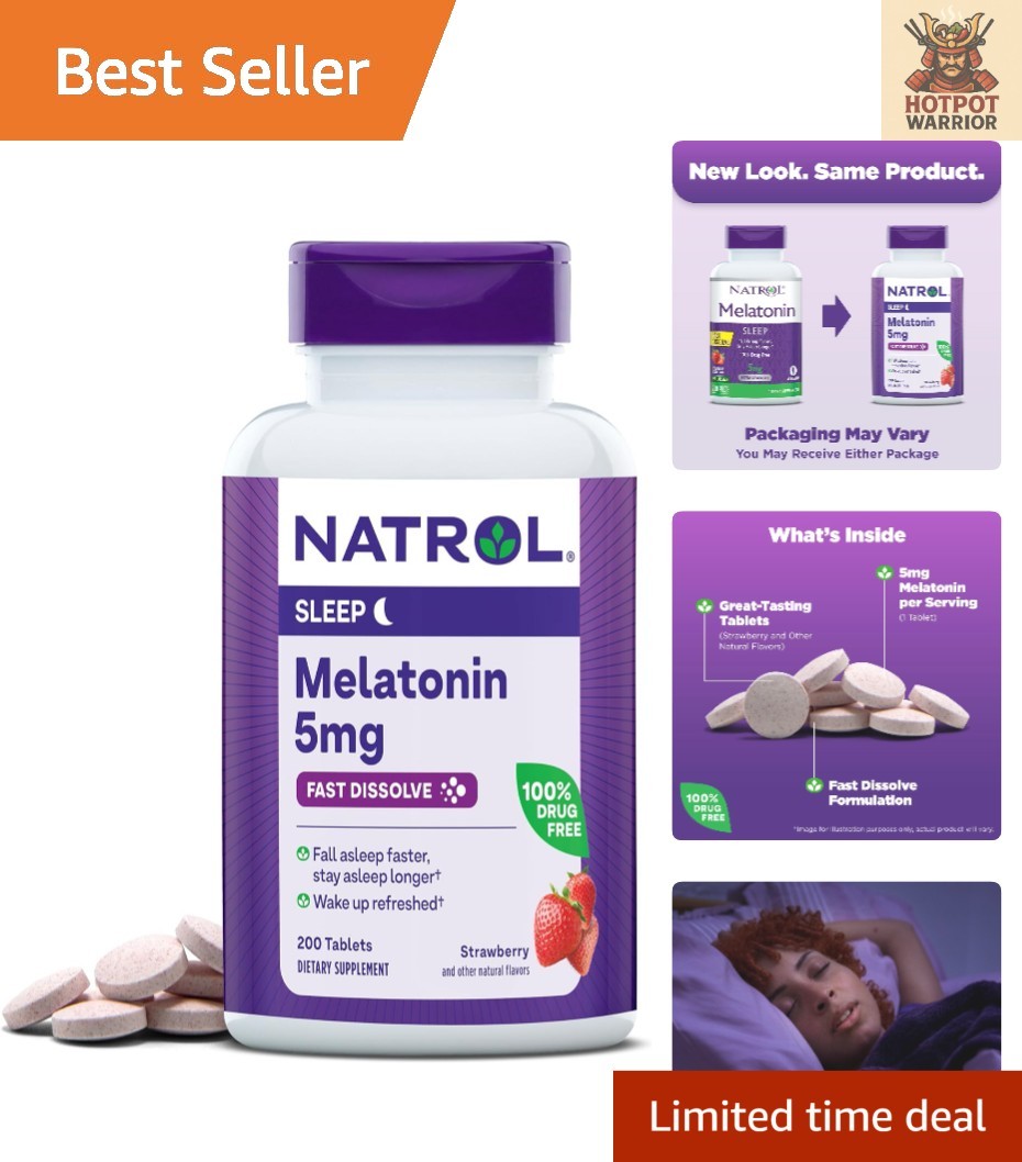 Melatonin 5mg Fast Dissolve Tablets, Strawberry Flavor, 200 Count Sleep Support