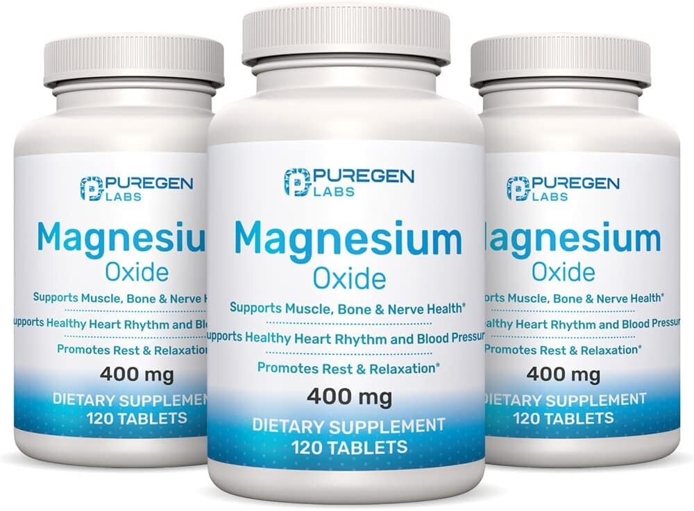 Puregen Magnesium Oxide 400mg High Potency Supplement 120 Tablets 3 Pack