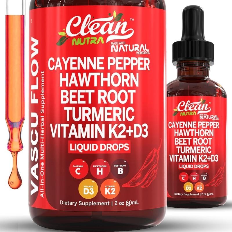 Cayenne Pepper Supplement Liquid Drops + Hawthorn Berry, Vitamin D3 K2 Organic B