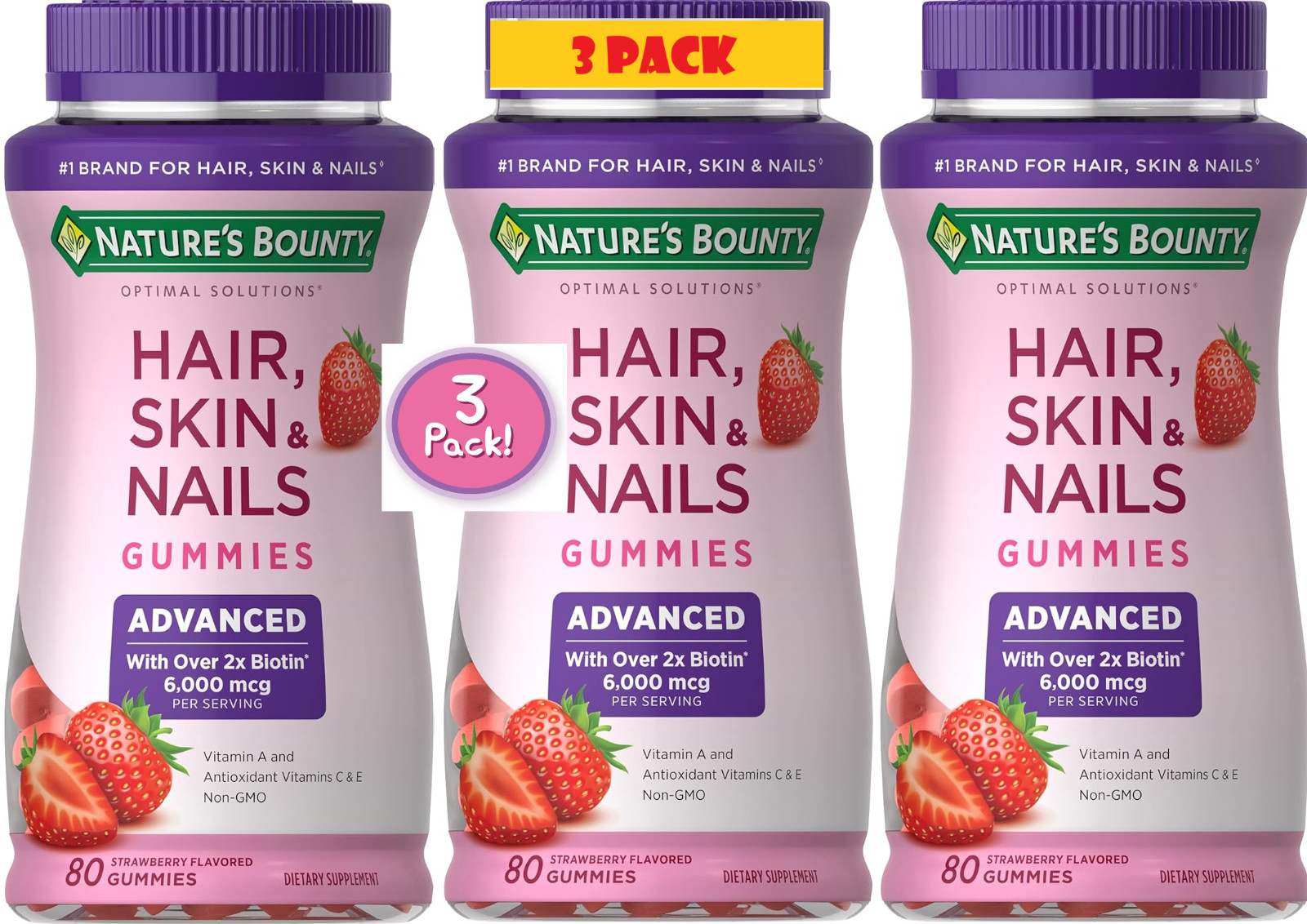 3 Pack Hair, Skin & Nails Gummies 6000 mcg 240 count (3×80) Advanced 2 x Biotin