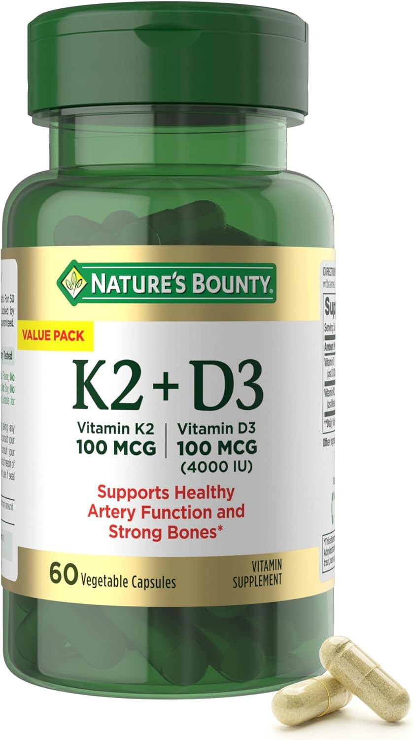 Nature’s Bounty Vitamin D3 K2– 4000IU D3 + 100mcg K2, Heart & Bone Support, 60ct