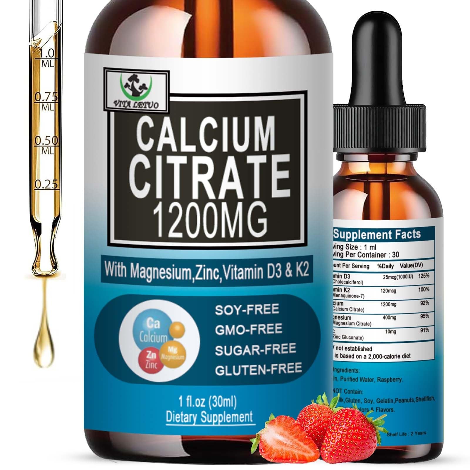 Calcium Citrate Drops 1200mg with Vitamin D3 for Bone  Heart Health, Vegan
