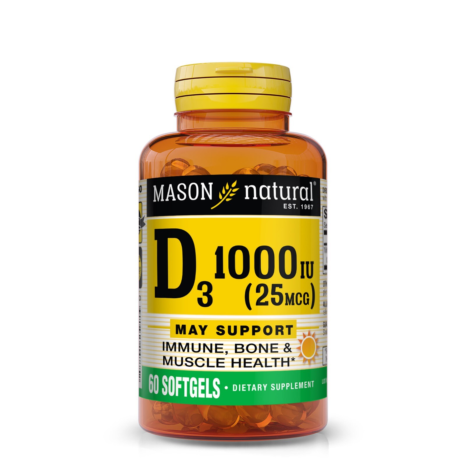 Mason Natural Vitamin D3 25 mcg (1000 IU) – For Overall Health, 60 Softgels