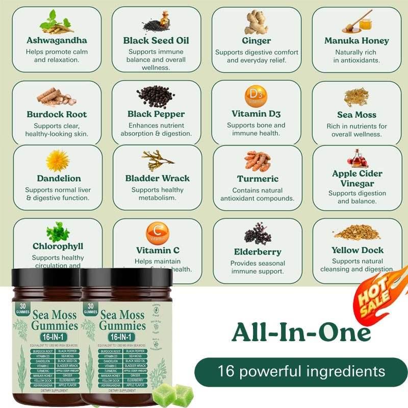 16 in 1 Organic Sea Moss Gummy | Irishmoss Extract 6000Mg | Green Apple Flavor