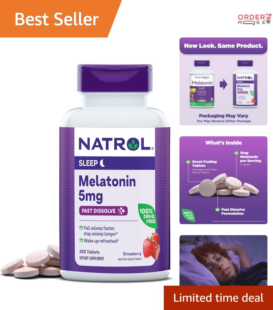 Fast Dissolve 5 mg Melatonin Tablets – Drug-Free Sleep Aid, 200 Strawberry Ta…