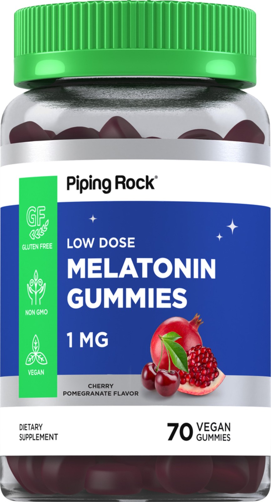 Melatonin Gummies 1 mg | 60 Count | Cherry Pomegranate Flavor | by Piping Rock