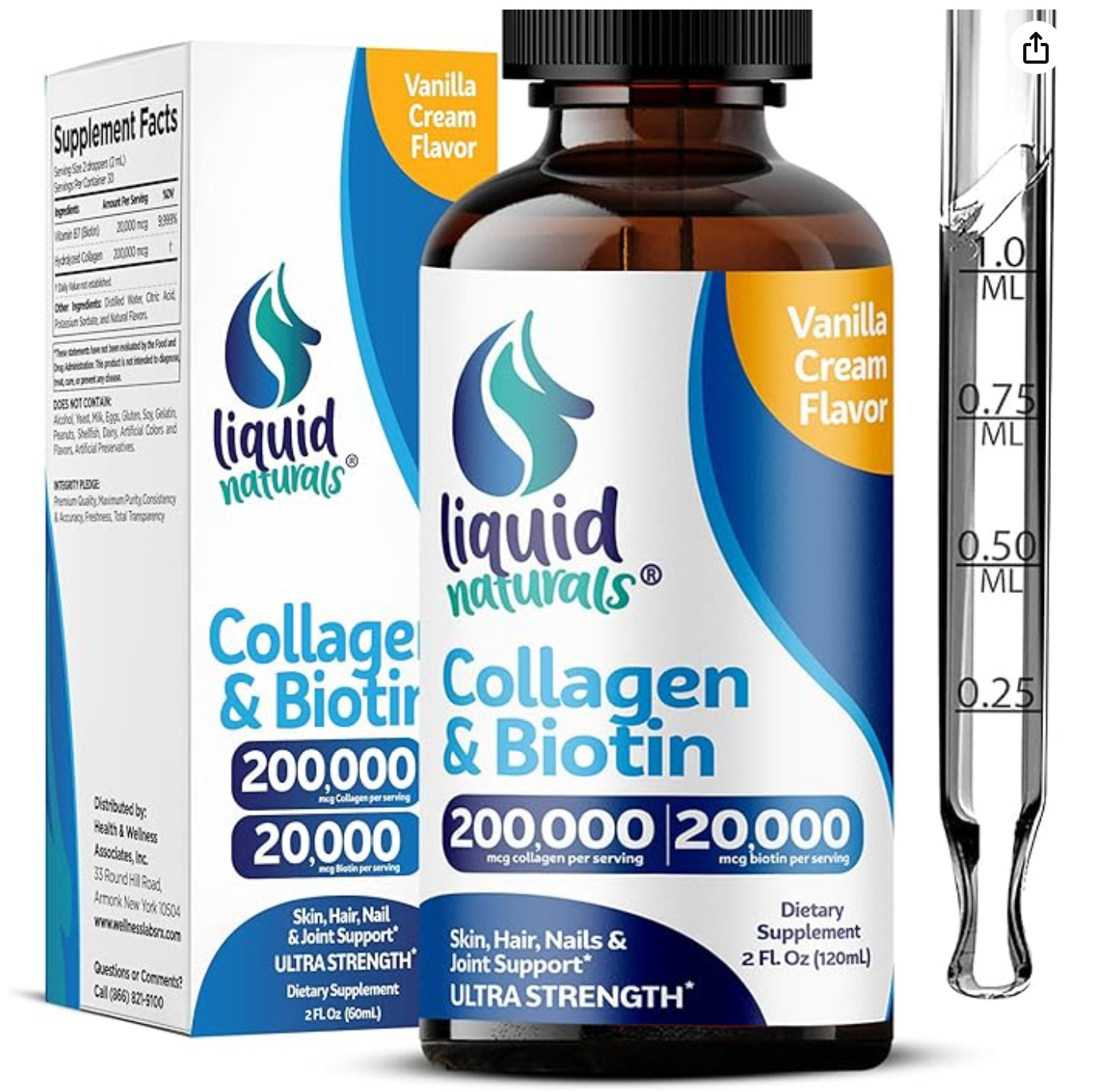 Liquid Collagen and Biotin, 2 Fl. Oz, Ultra-Strength Collagen Peptides for Women