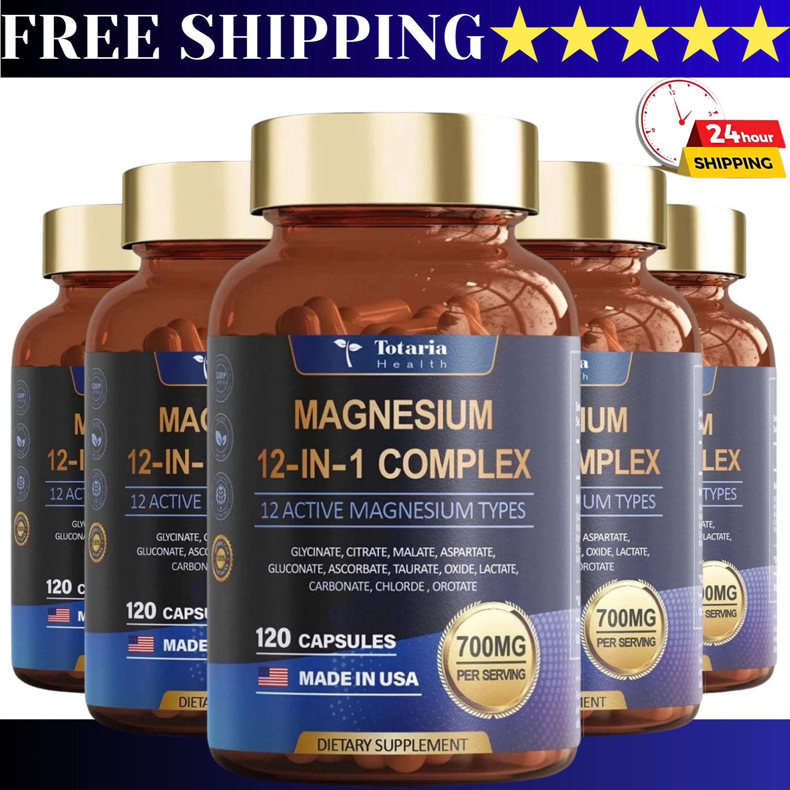 Magnesium 12 in 1 Complex 700mg -Dietary Supplement 120 capsules (Pack of 5) USA