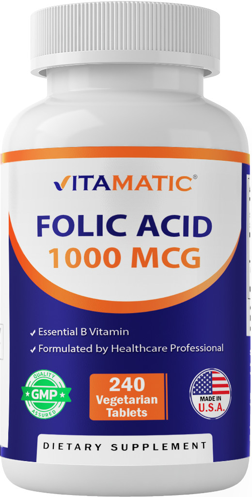 Vitamatic Folic Acid 1000 mcg (1 mg) – 240 Vegetarian Tablets – 1667 mcg DFE