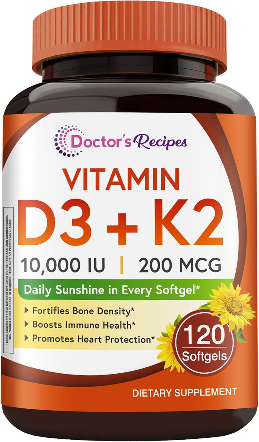 Vitamin D3 K2, 10,000 IU, 200 Mcg, MK-7, Strong Bone Density, Teeth, Immune, Hea