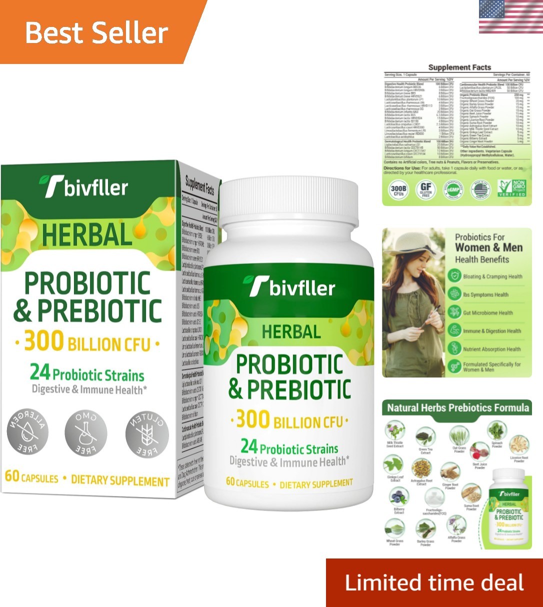 Probiotics for Adults – 300 Billion CFU Capsules, No Refrigeration Needed