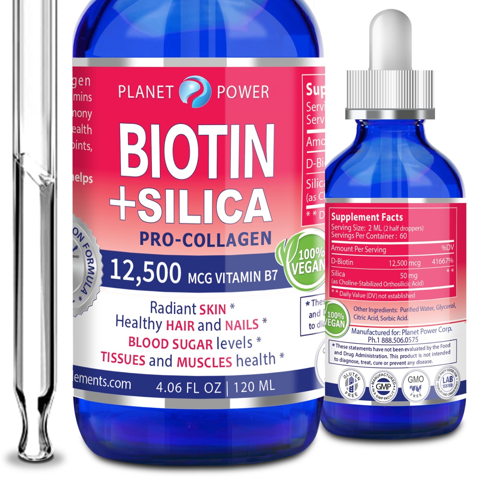 Vegan BIOTIN Drops + SILICA Pro Collagen 12,500mcg. Healthy Hair Skin Nails 4oz