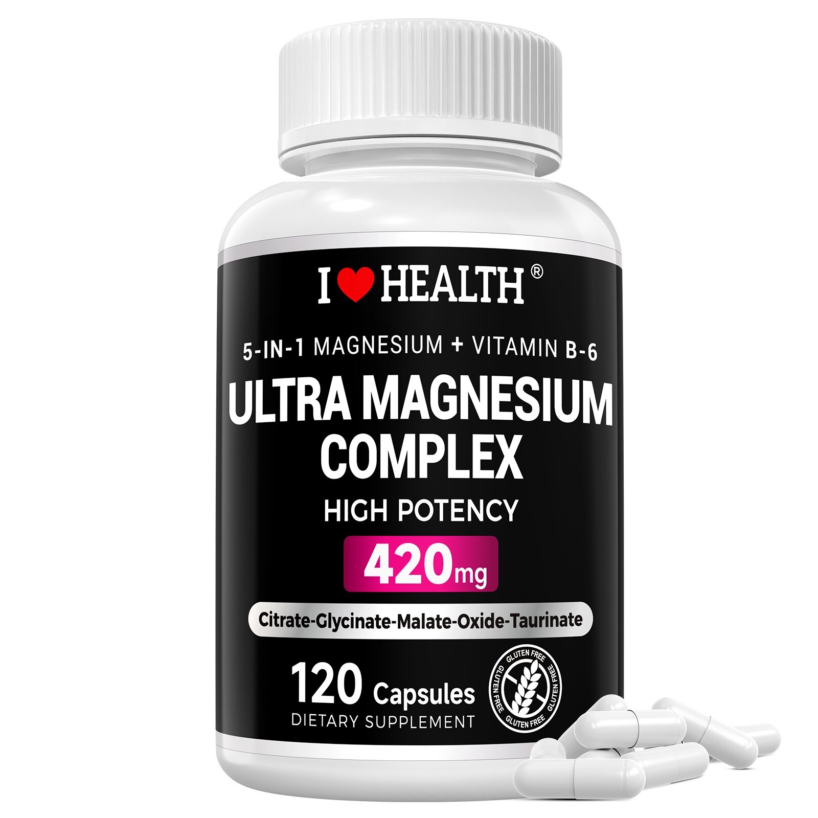 5-in-1 Magnesium Supplement – 420 mg Magnesium Complex + Vitamin B6,120 ct