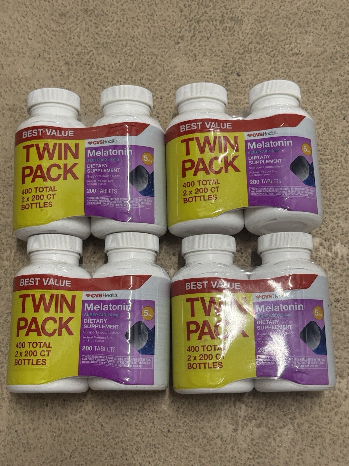 4 Twin Packs  CVS Health Melatonin 5MG Tablets 200 Tablets Per Bottle 1600 Total