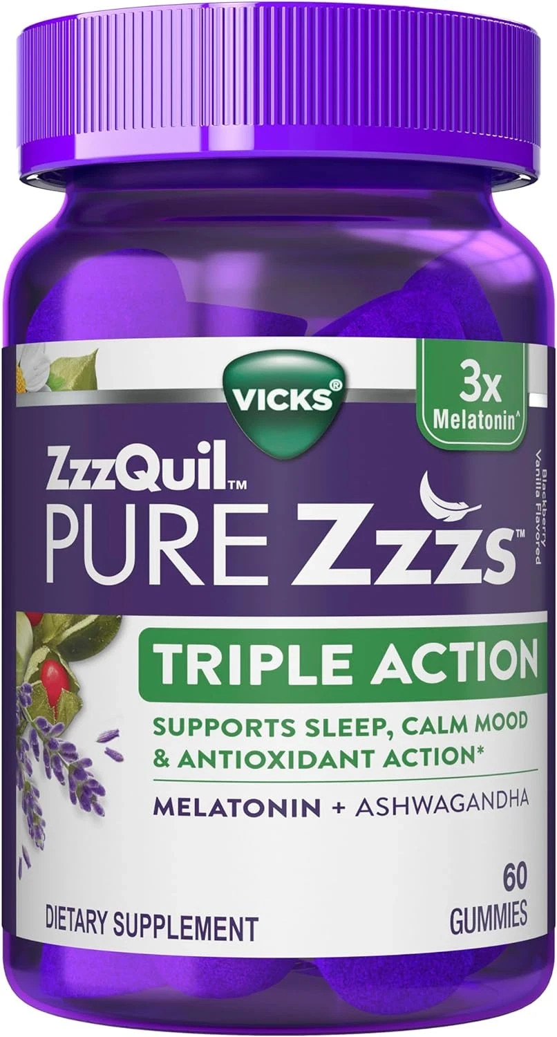 Vicks ZzzQuil PURE Zzzs Triple Action Melatonin Gummies, 60 Count Exp 06/2026+