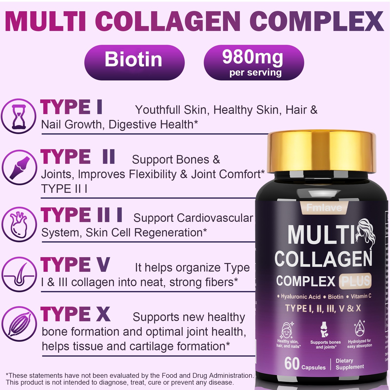 Biotin Multi Collagen Pills Hydrolyzed Anti Aging Hair, Skin, Nails, Bones 60pcs