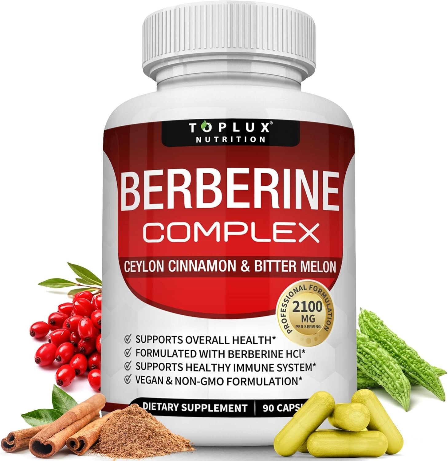 Toplux Berberine with Ceylon Cinnamon and Bitter Melon 2100mg – High Purity 97%