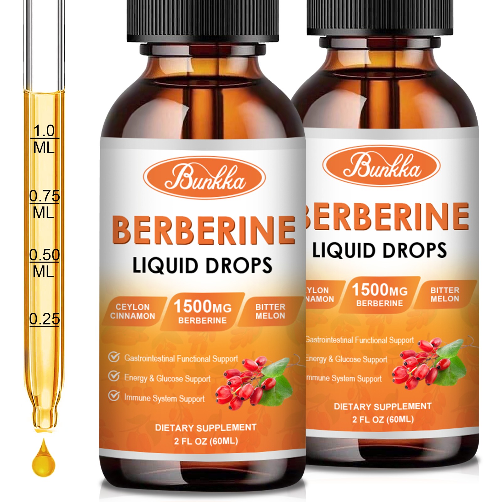 1500mg Berberine Liquid Drops Organic Ceylon Cinnamon Bitter Melon 2FL OZx2
