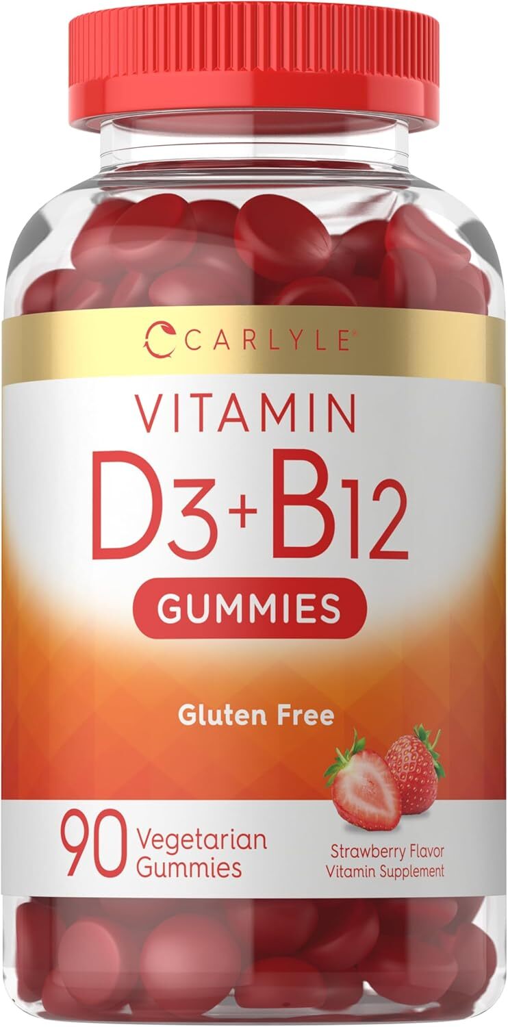 Vitamin D3 B12 Gummies | 90 Count | Vegetarian Strawberry Flavor | by Carlyle