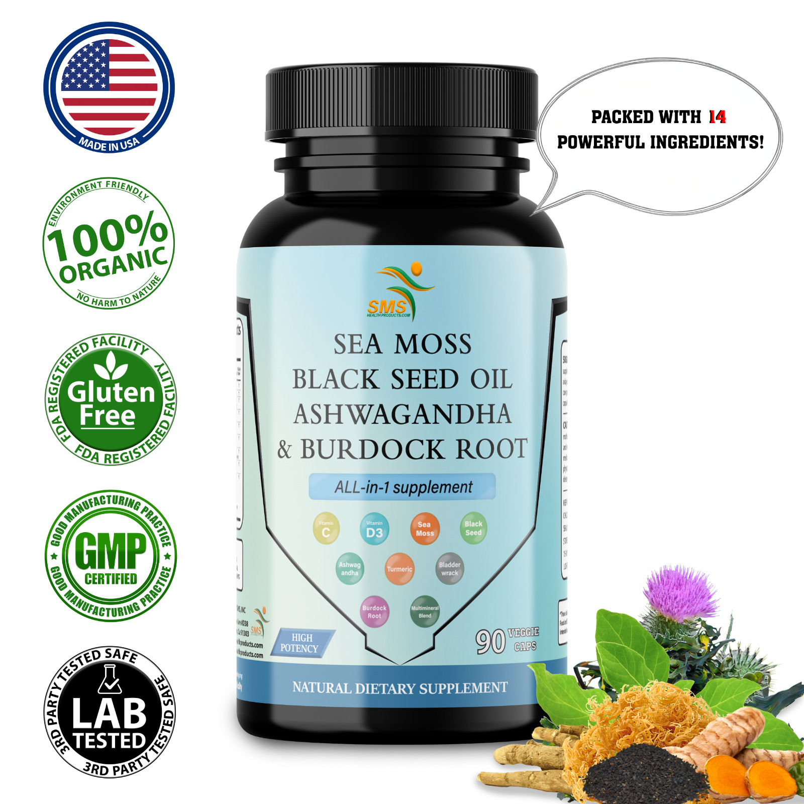 Sea Moss 90 Capsules (Black Seed Oil, Turmeric, Ashwagandha, Burdock, Vitamin D)
