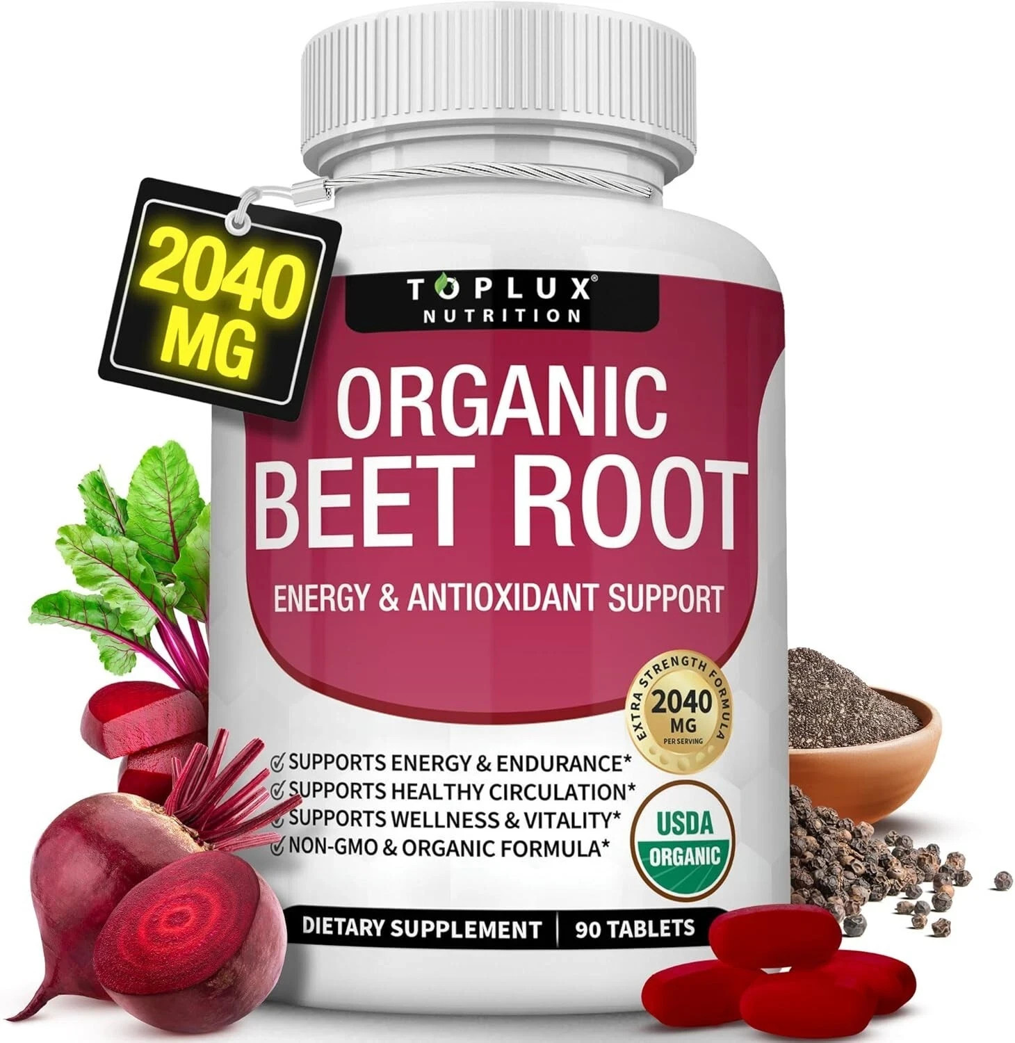 Organic Beet Root Powder Tablets – 2040mg Natural Nitric Oxide Beets to Support