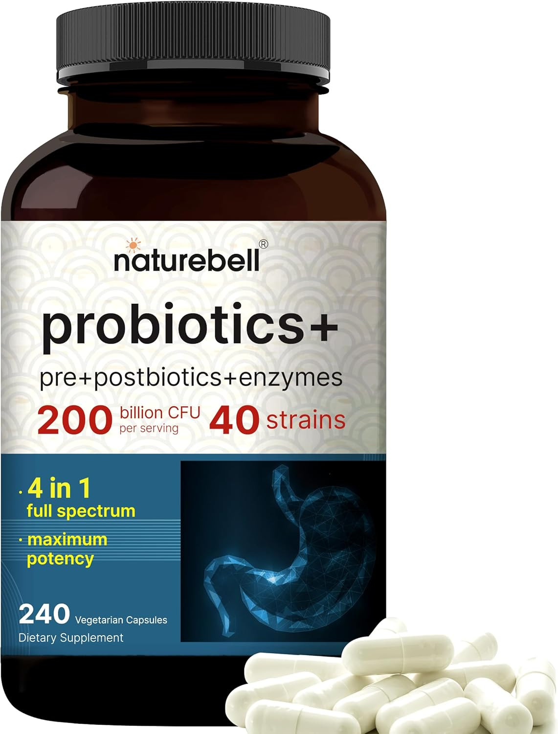 Probiotic 200 Billion CFU – 40 Strains per Serving | 240 Veggie Capsules with Pr