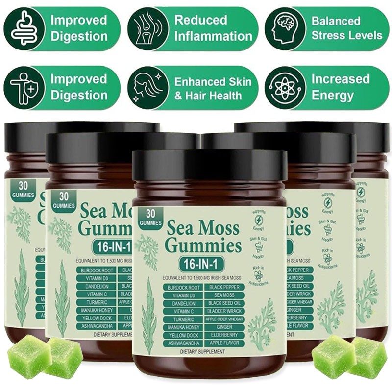 16 in 1 Organic Sea Moss Gummy | Irishmoss Extract 6000Mg | Green Apple Flavor