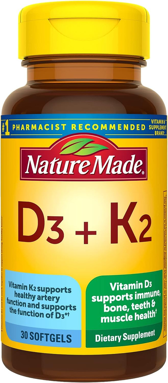Nature Made Vitamin D3 K2 5000 IU Bone Teeth Muscle Immune Support 30 Softgels