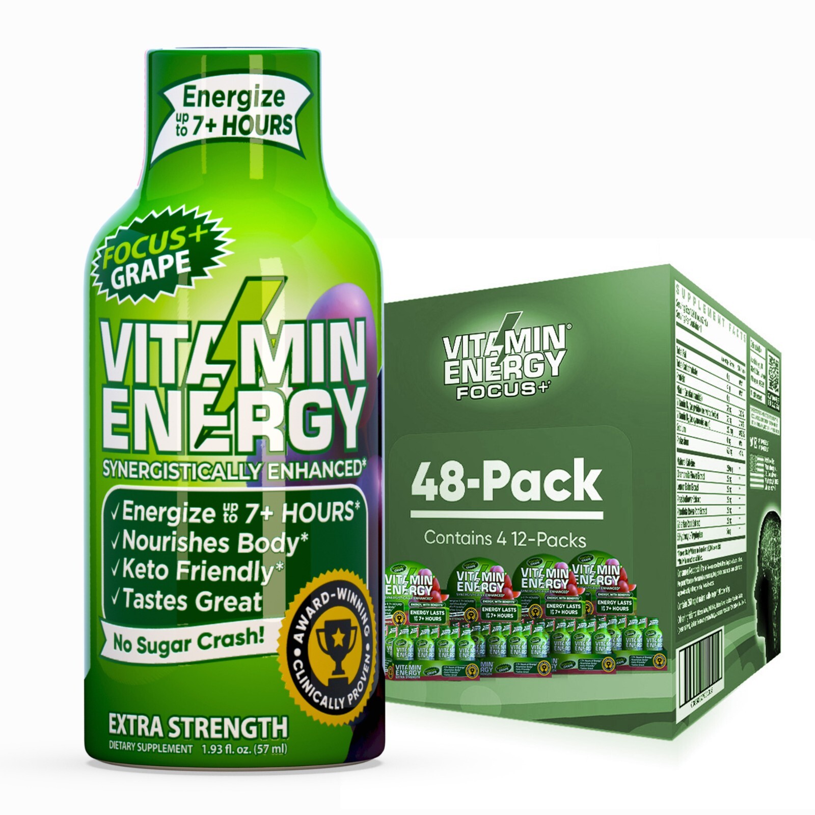 (48 Pack) Vitamin Energy® Focus+ Grape Energy Shots, Clinically Proven