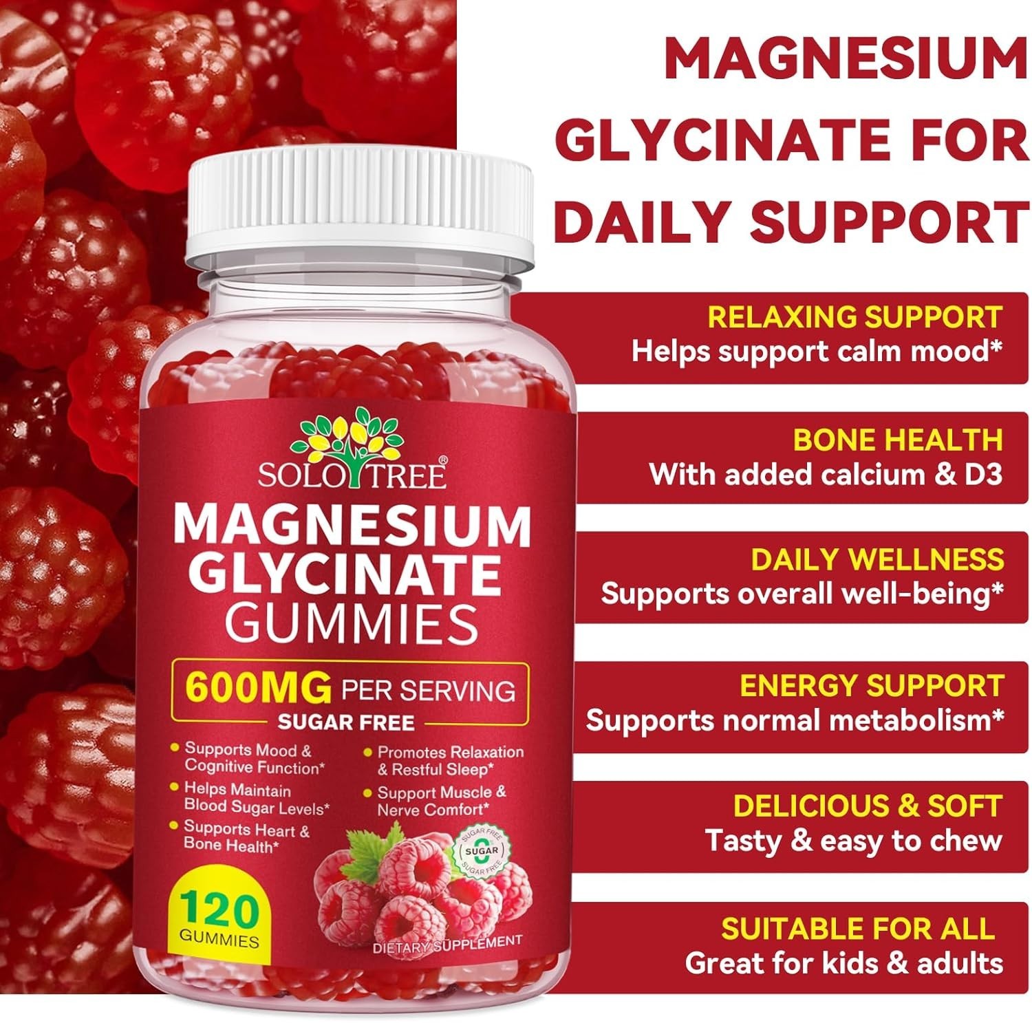 Solo Tree Magnesium Glycinate Gummies (Raspberry) 600mg Sugar Free 120 Gummies