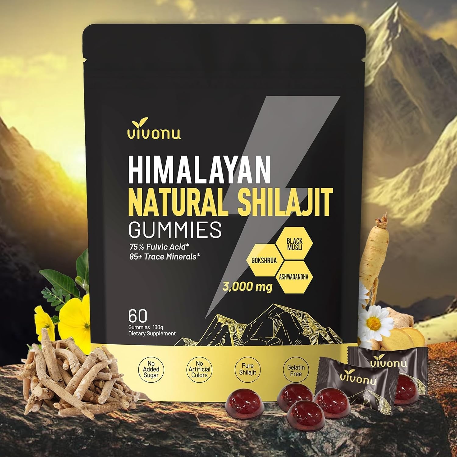 VivoNu Himalayan Shilajit Gummies 3000mg, Ashwagandha, Fulvic Acid, 60 Count