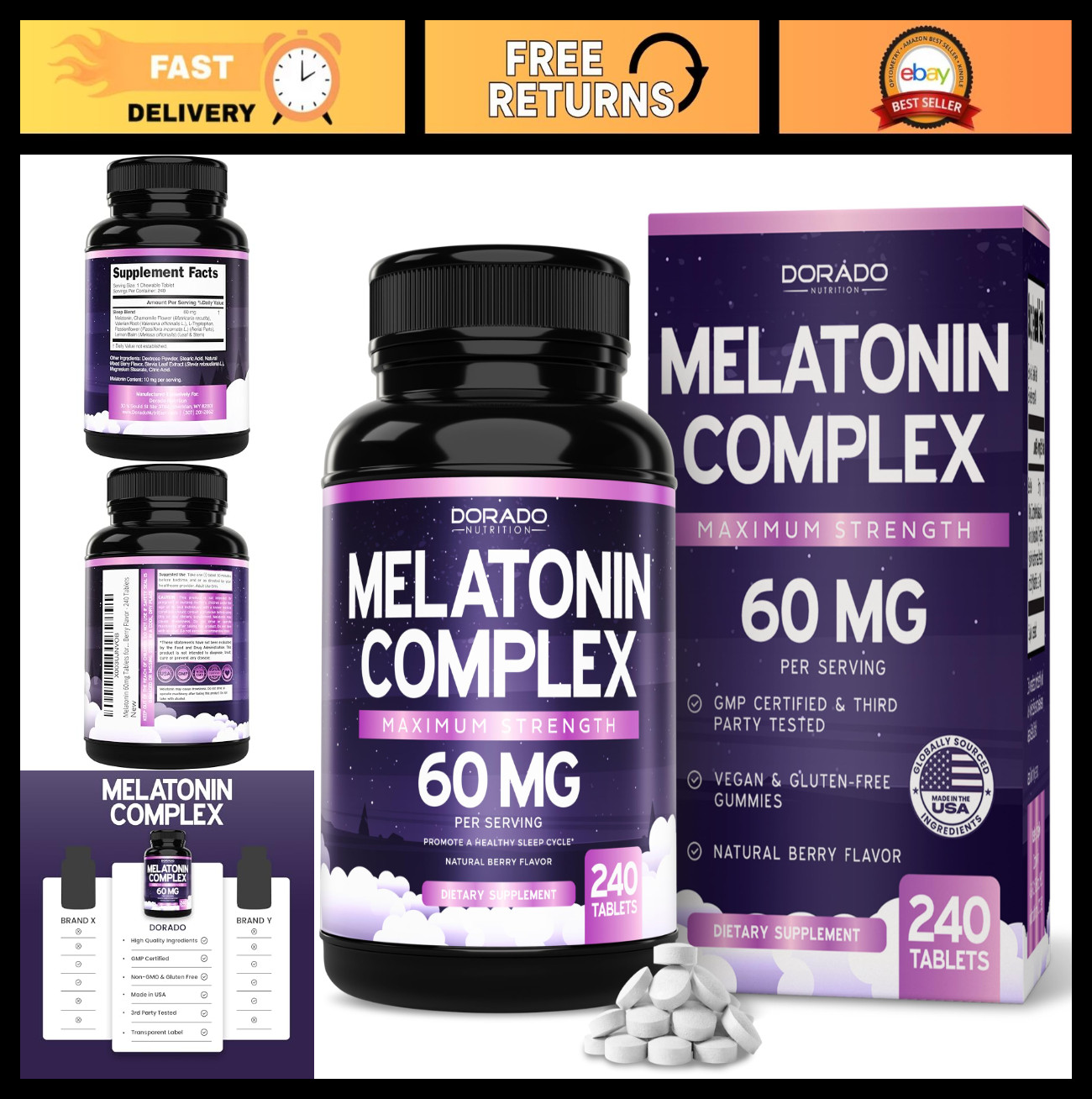 Extra Strength Melatonin 60mg Tablets – Fast Dissolve, Gluten-Free, Non-GMO, 240