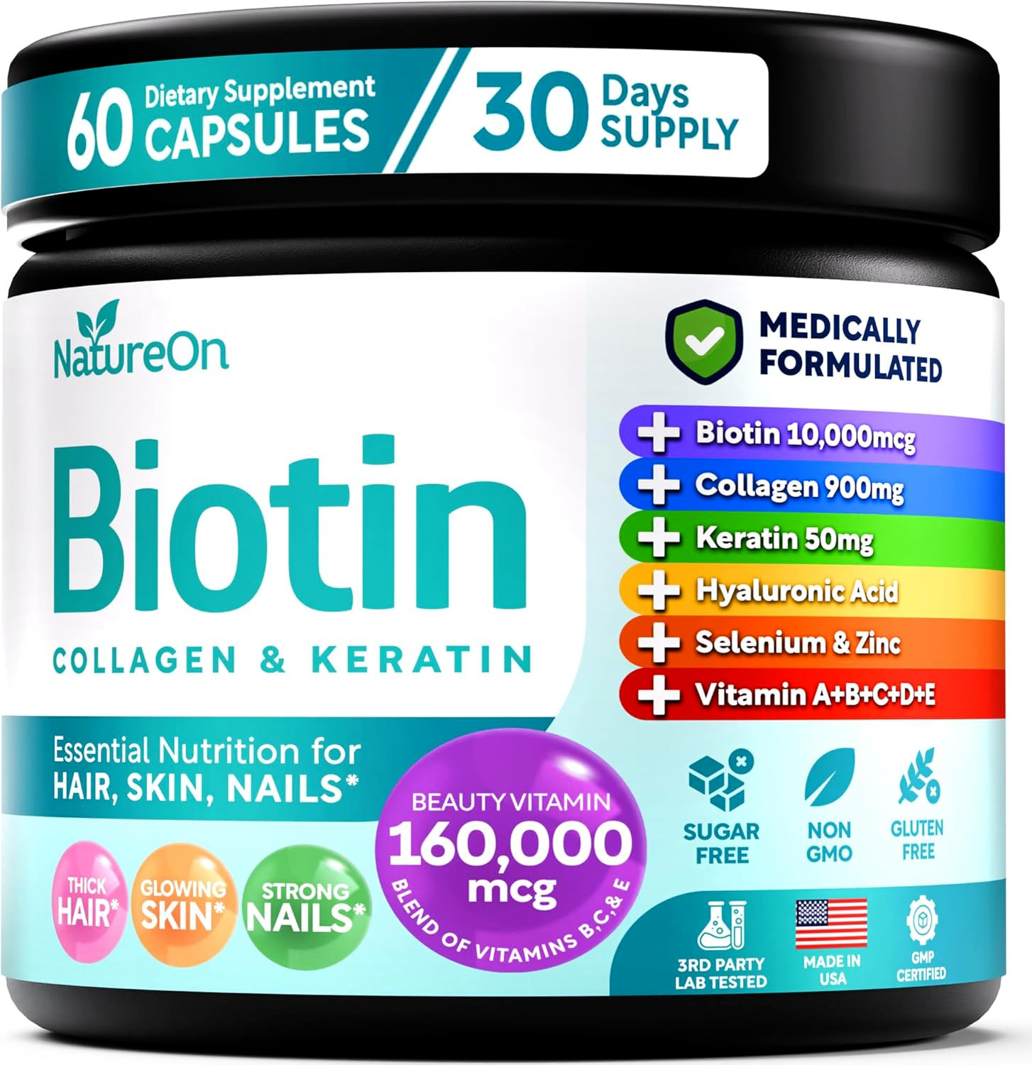 Biotin ,Collagen Keratin Clinically Tested Ingredients, Biotin 10,000Mcg