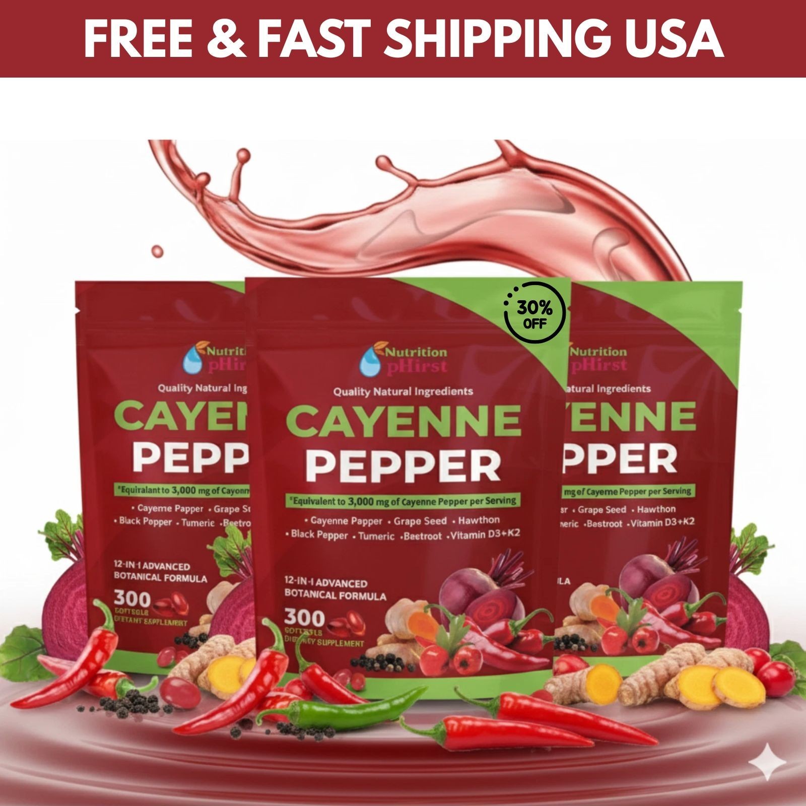 Cayenne Pepper Softgels Supplement, Supports Leg Vein, 300 Softgels /3 Bags US