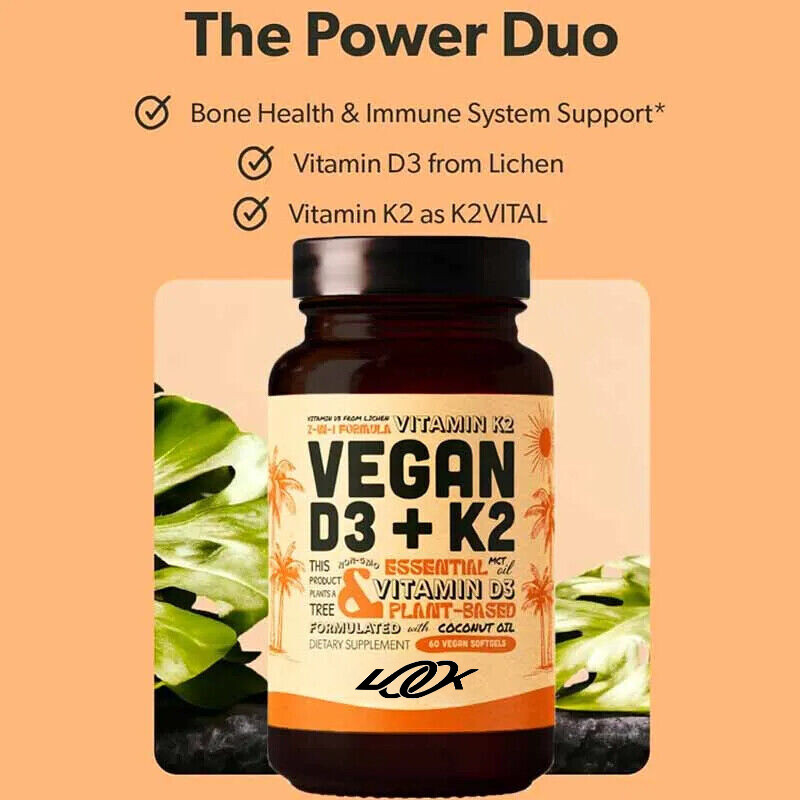 Pure vegetarian vitamin D3+K2 supplement containing coconut 60 soft capsules