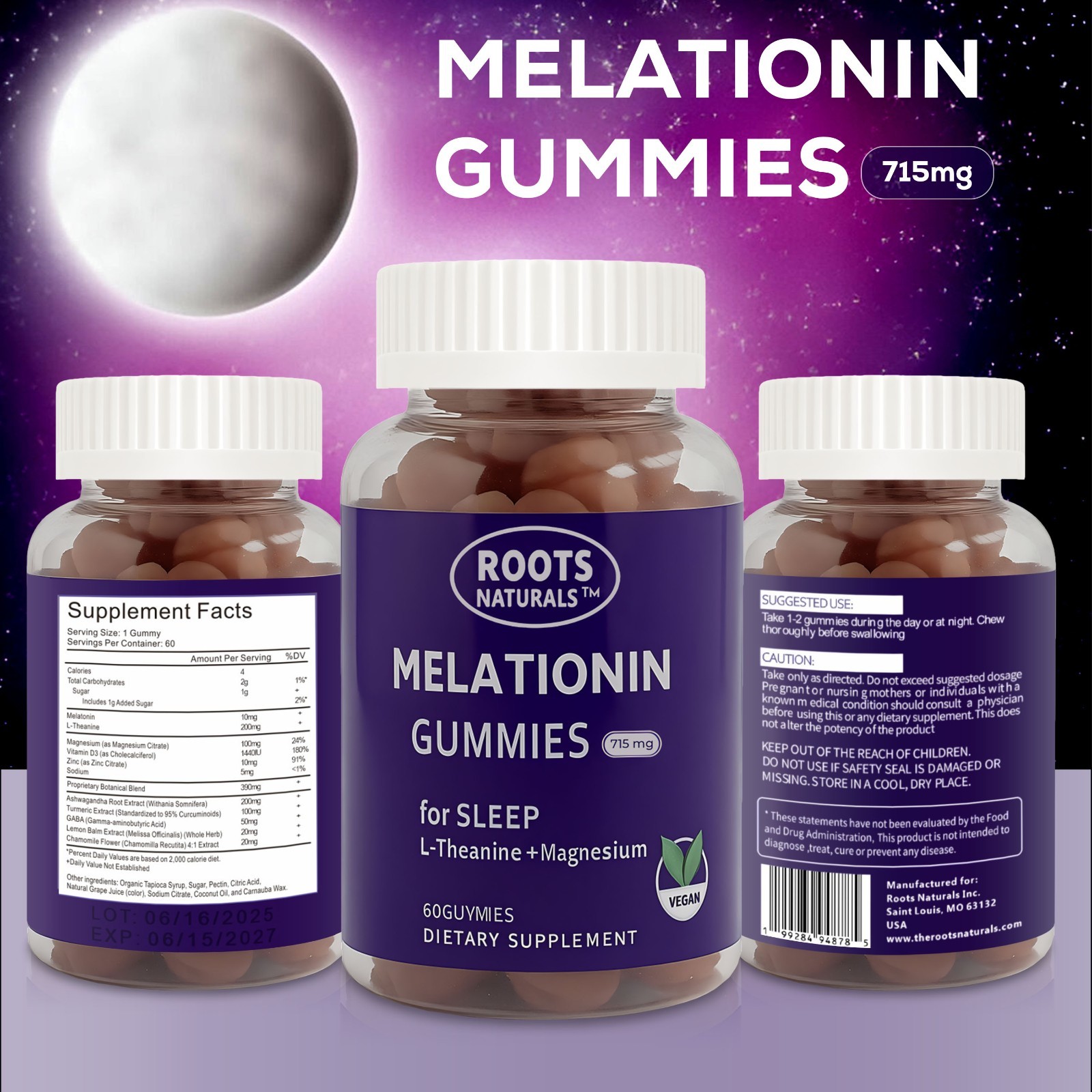 Melatonin Gummies for Sleep Roots Naturals  – 60 Vegan Gummies – 715mg