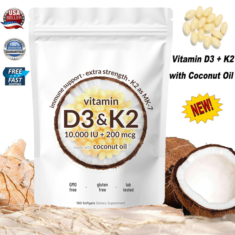 Vitamin D3 10000 iu Plus K2 (MK-7) 200 mcg, 300 Virgin Coconut Oil Softgels~