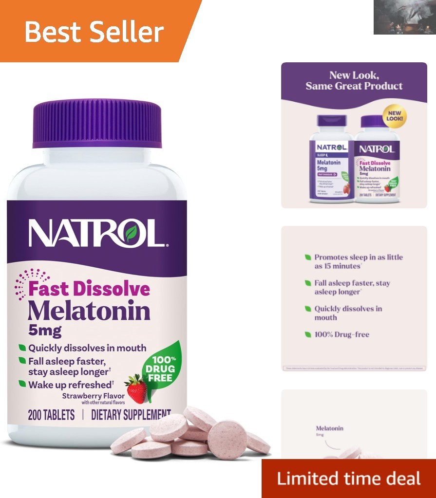 Fast Acting Melatonin 5mg Tablets – 200 Tablets Strawberry Flavor for Sleep Aid