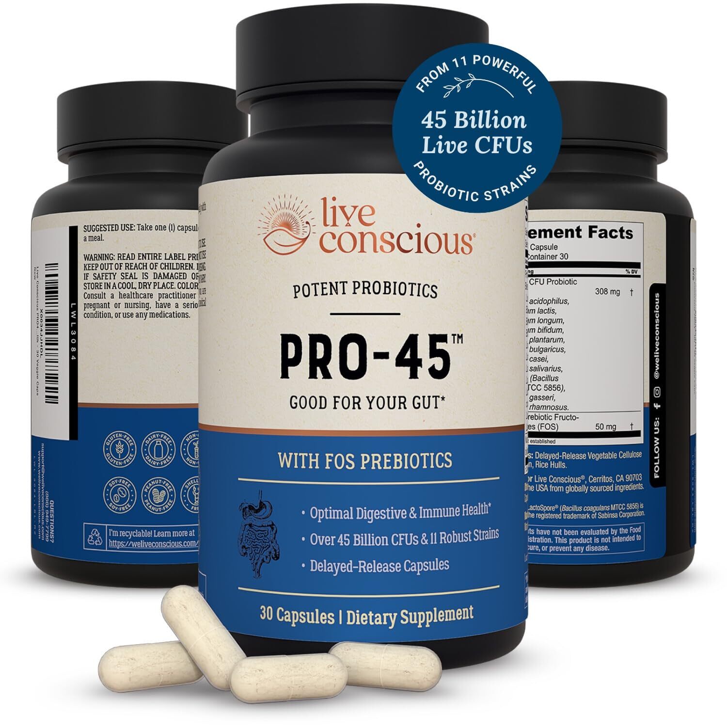 PRO45 Probiotics 45 Billion CFU 11 Strains – Gut & Immune Health w/Prebiotics